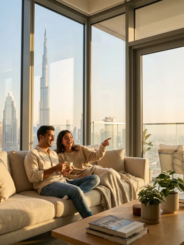 A couple settling into the apartment they are leasing to own in the UAE