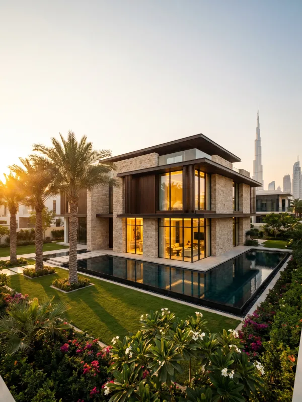 A family standing in front of their newly financed Dubai villa