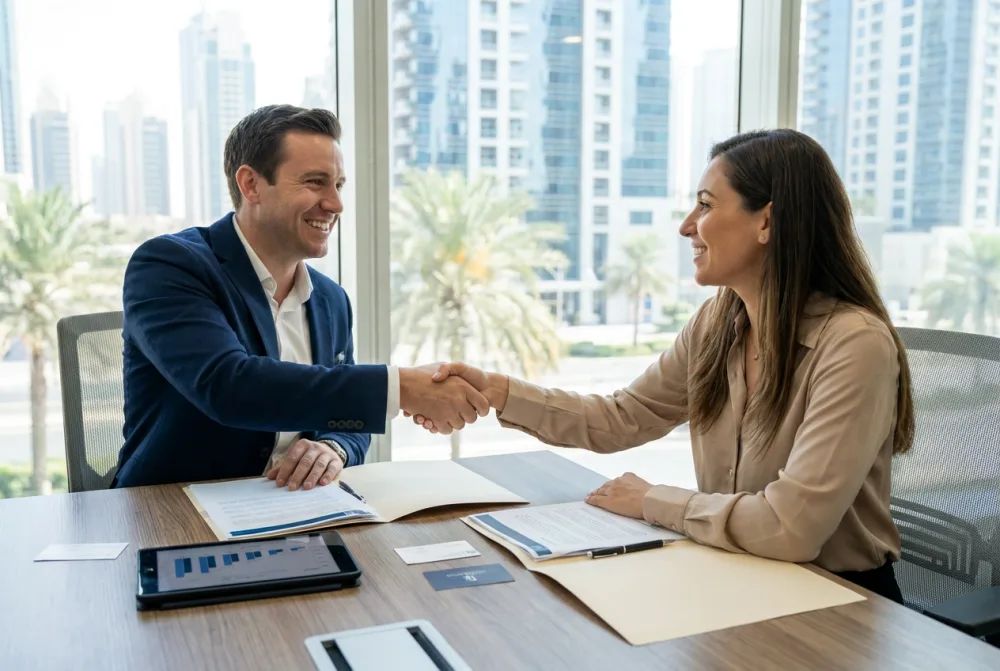 A FinanceMarket advisor shaking hands with a happy customer