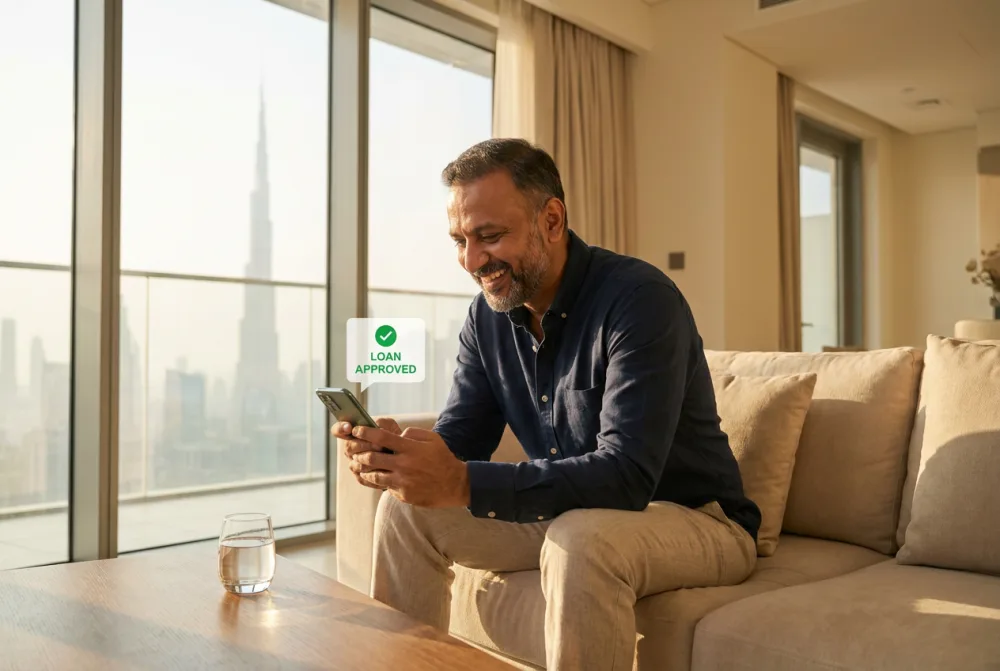 An expat resident seeing a personal loan approval notification on their phone