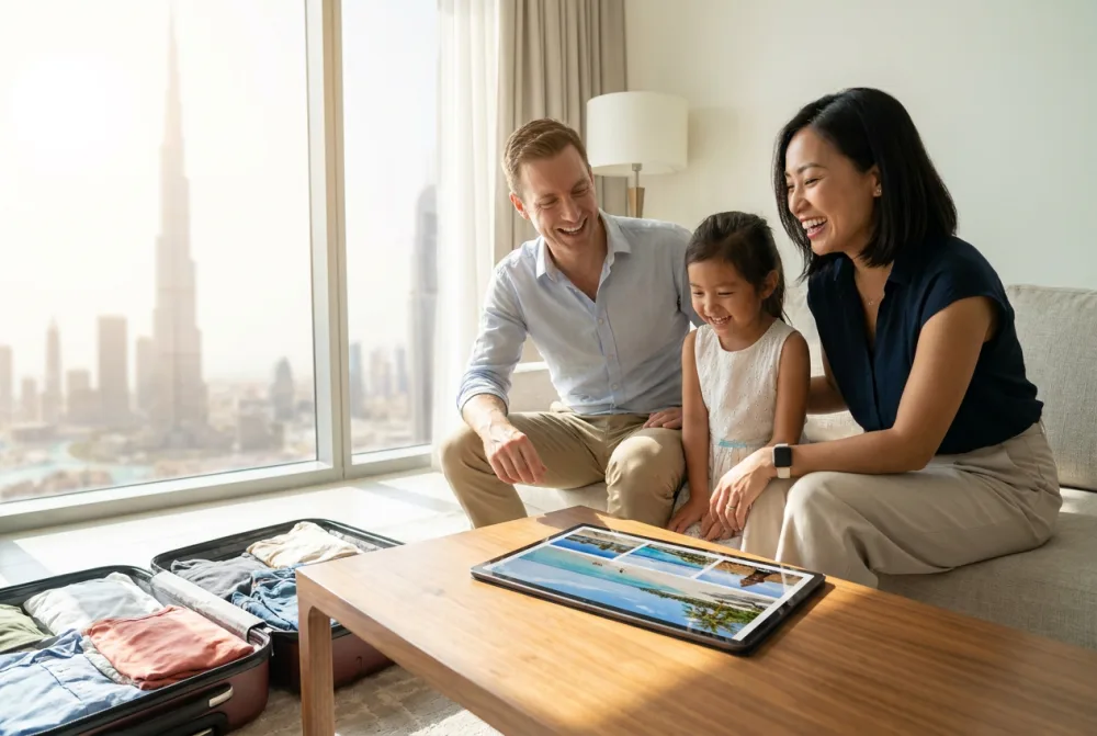 A family planning a trip together at home